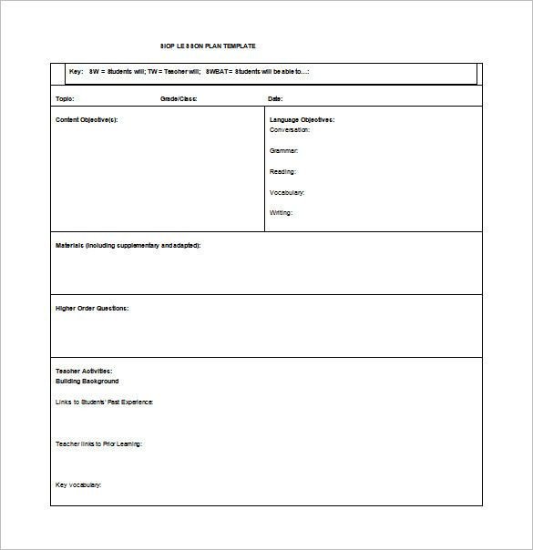 Siop Lesson Plan Template Free Word PDF Documents