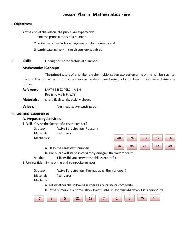 Lesson plan in elementary mathematics five