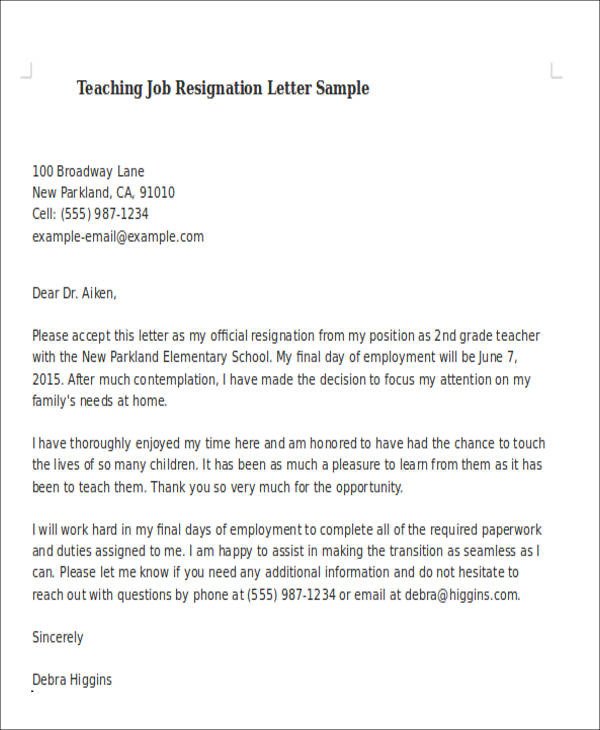 Sample Teaching Resignation Letter 6 Examples in PDF