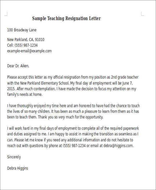 sample teaching resignation letter Resume