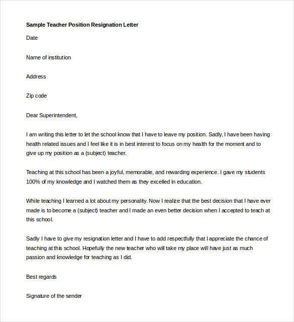 Teacher Resignation Letter