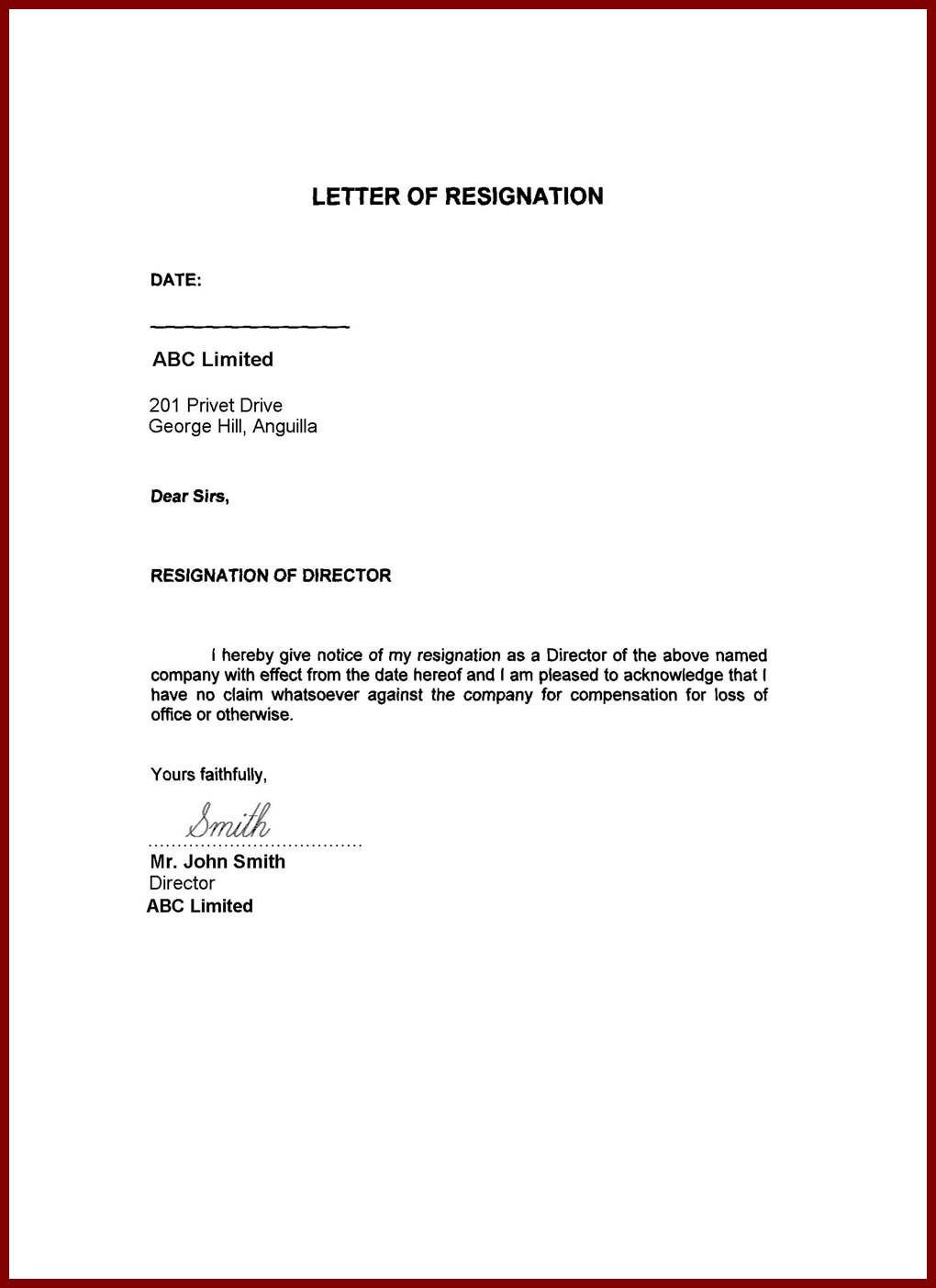 Image result for resignation letter word format family