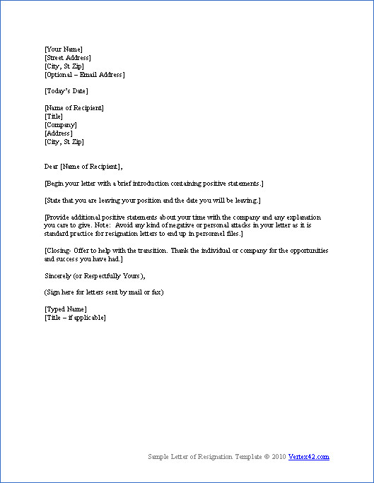 Free Letter of Resignation Template