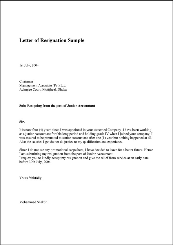 letter of Resignation sample template example and format