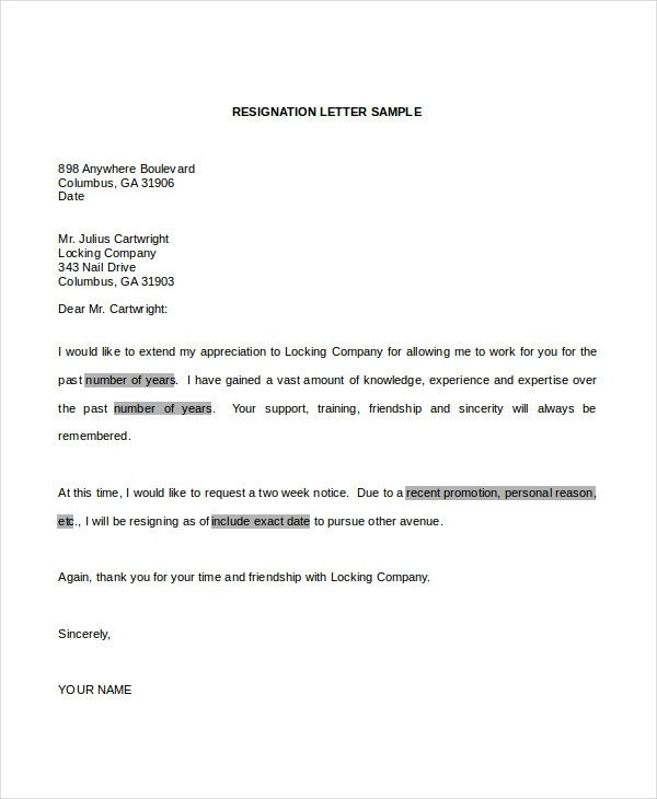 Professional Resignation Letter Docx
