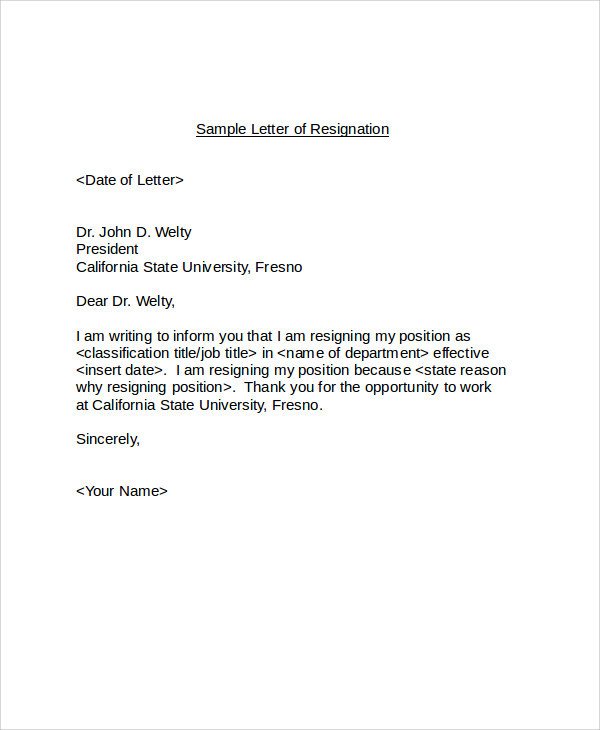 Sample Resignation Letter 6 Examples in Word