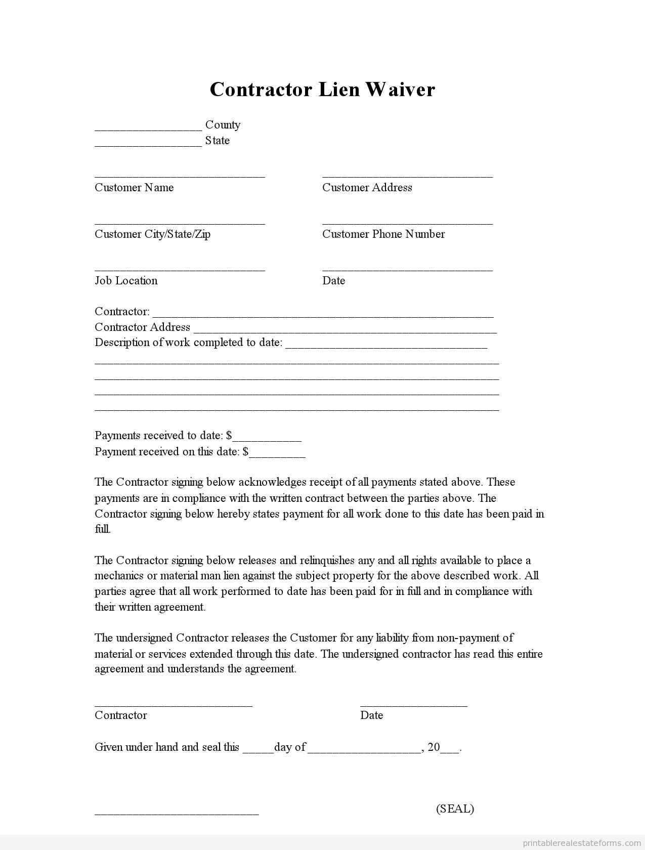 Sample Printable contractor lien waiver Form
