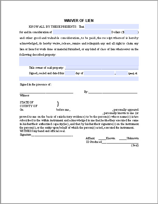 Waiver of Lien Certificate Template Free Fillable PDF