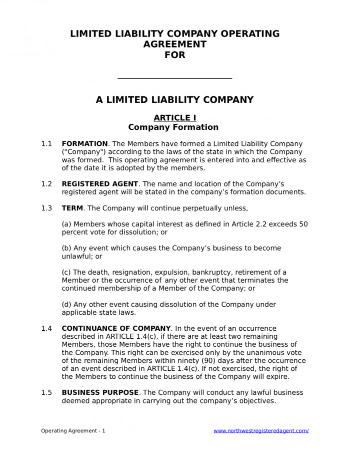Free LLC Operating Agreement for a Limited Liability pany