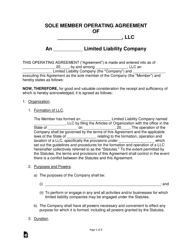 Free Single Member LLC Operating Agreement Template PDF