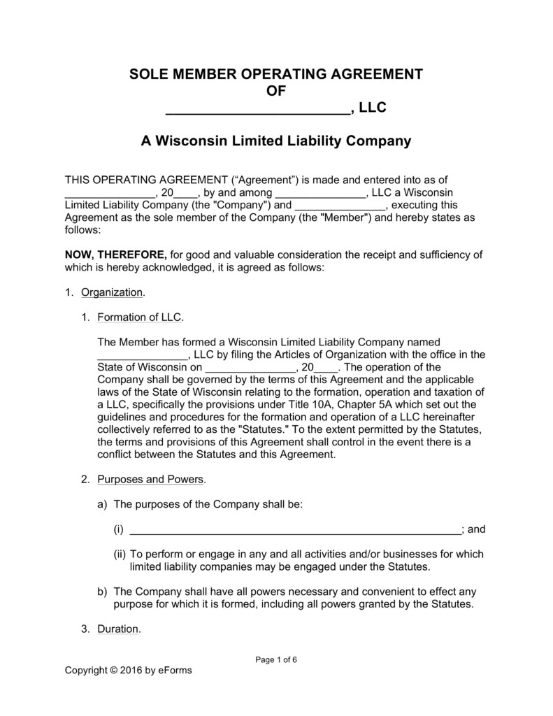 Free Wisconsin LLC Operating Agreement Forms Word