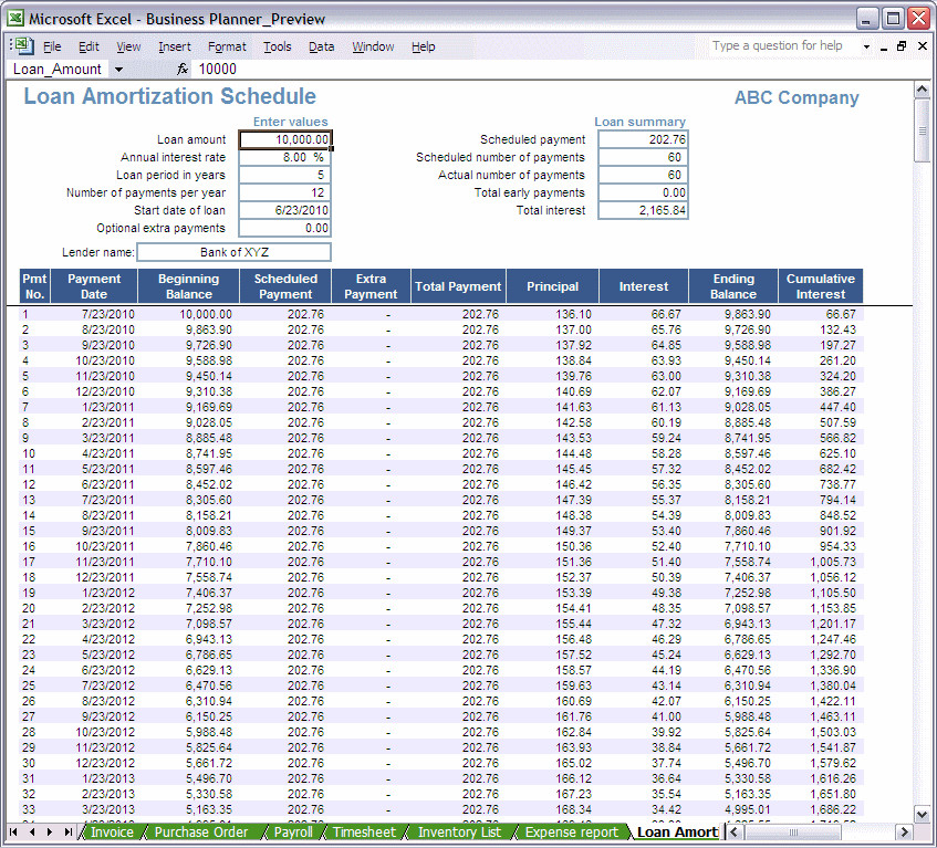 Excel Business Planner Loan Amortization Schedule