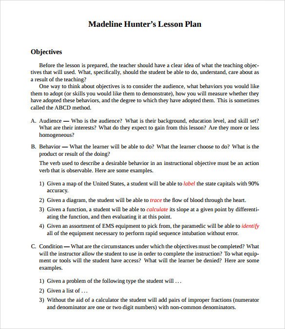 Sample Madeline Hunter Lesson Plan Templates – 10 Free