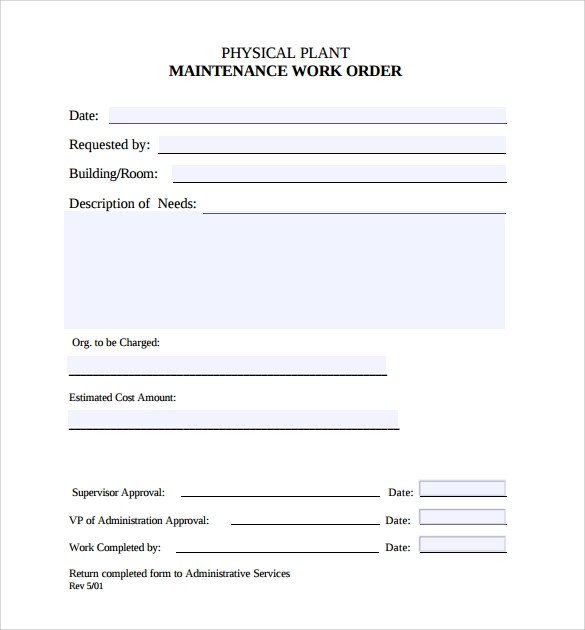 Sample Maintenance Work Order Form 8 Free Documents in PDF