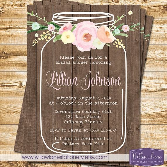 Watercolor Flowers Mason Jar Bridal Shower Invitation Wood