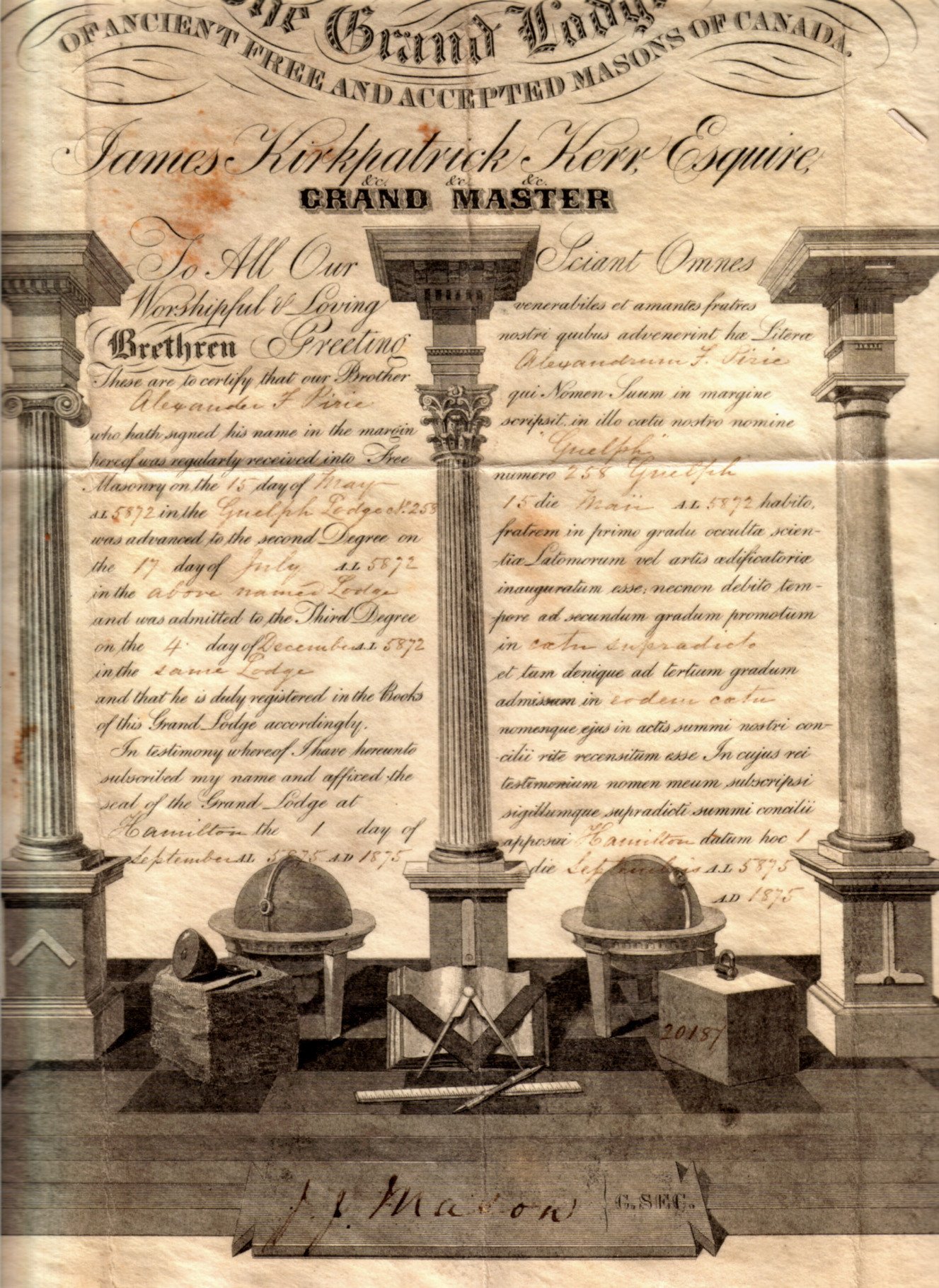 File PIRIE A F 1875 Masonic Certificate