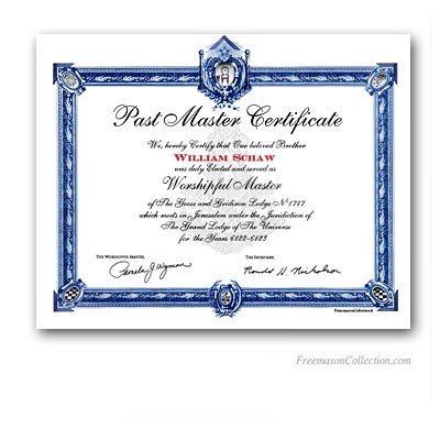 Past Master Certificate Masonic Certificates Awards and