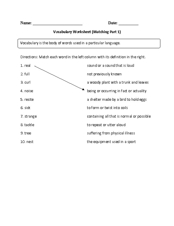 Matching vocabulary quiz template