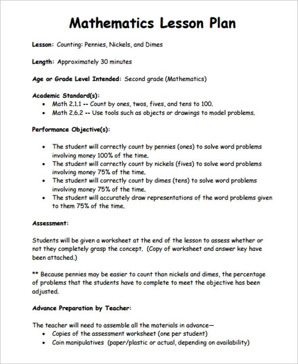 Sample Math Lesson Plan Template 10 Free Documents