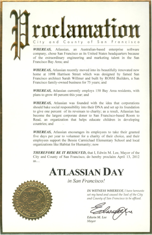 April 13 Henceforth Atlassian Day in San Francisco No