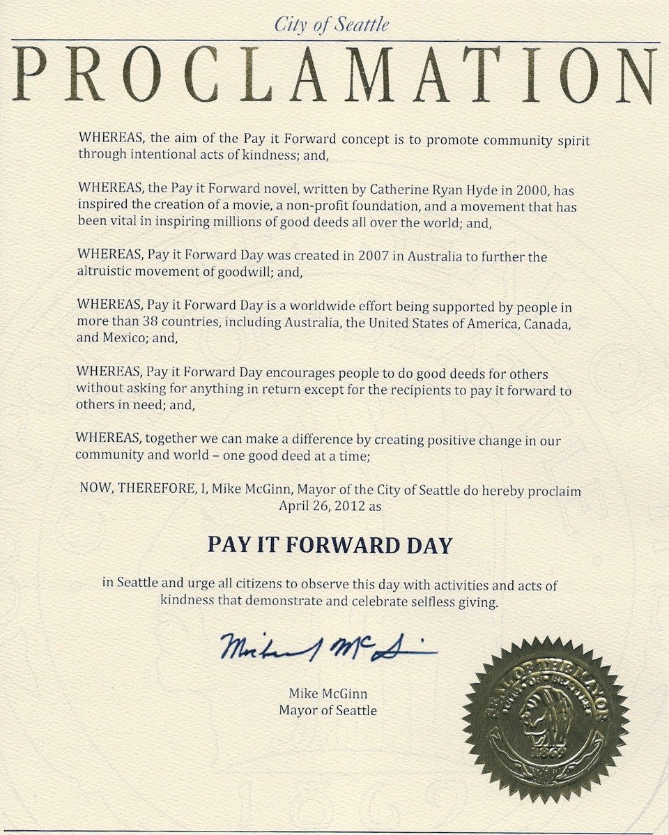 Obtain a Proclamation — Pay It Forward Day