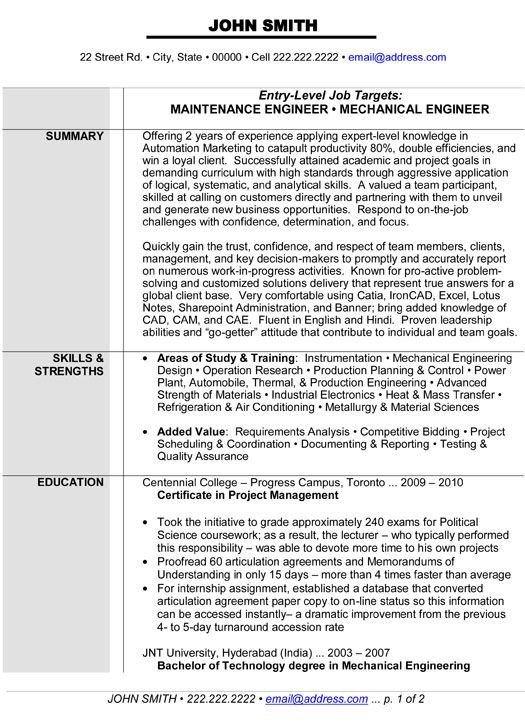 Maintenance or Mechanical Engineer resume template Want