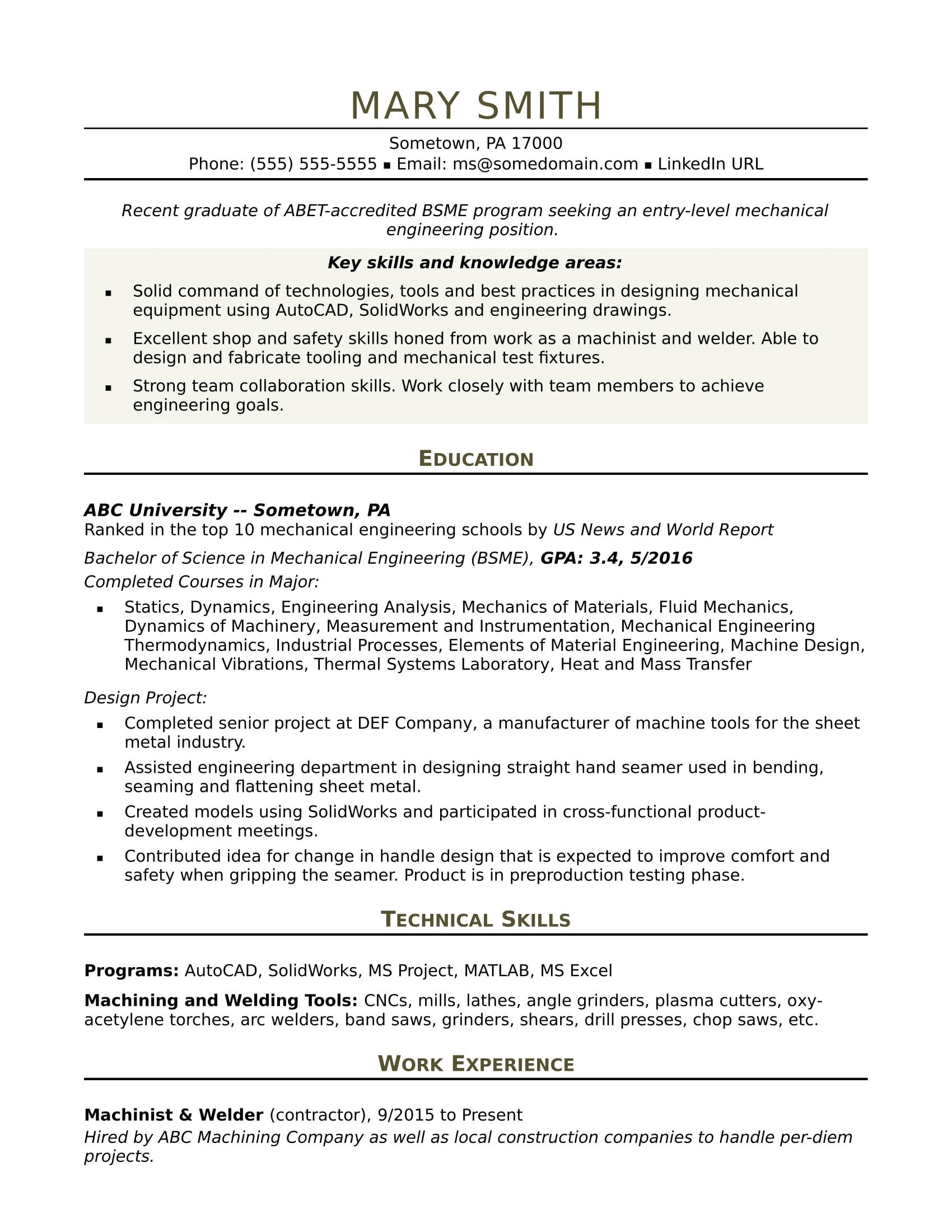 Sample Resume For An Entry Level Mechanical Engineer