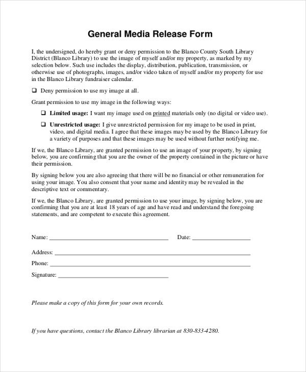 Sample Media Release Form 10 Free Documents in PDF