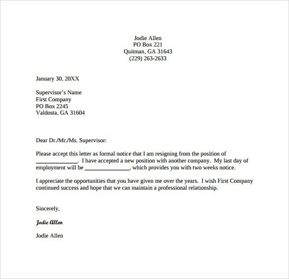 15 resignation letter 2 week notice pdf