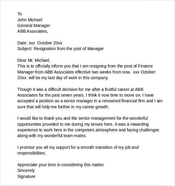 Sample Resignation Letters 9 Download Free Documents In