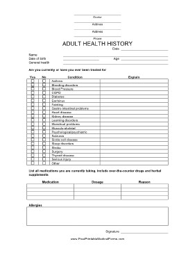 Printable Adult Health History Form