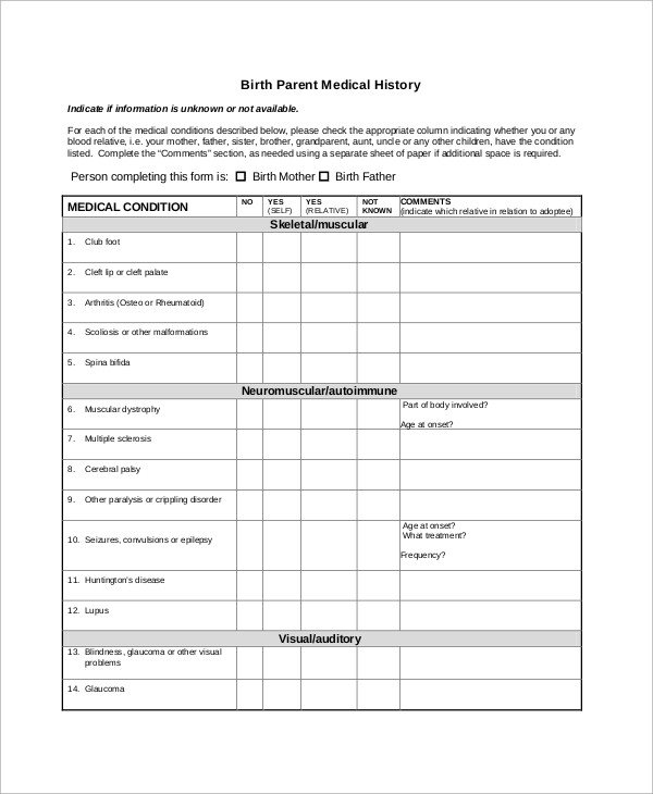 Sample Medical History Form 10 Examples in Word PDF
