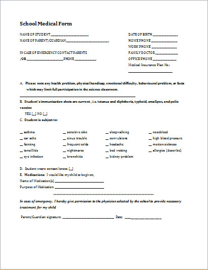 Student Medical History Form Template