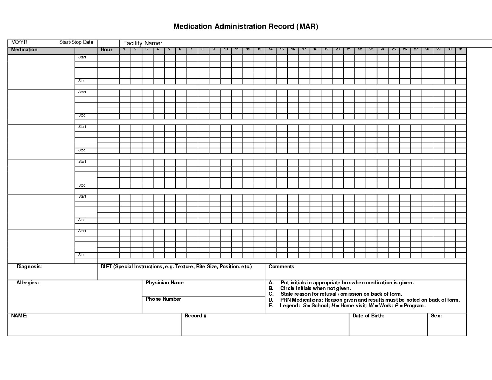 Administration Record Printable Medication Chart