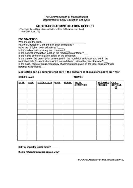 Medication Administration Record printable pdf