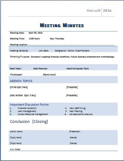 MS Word Formal Meeting Minutes Template