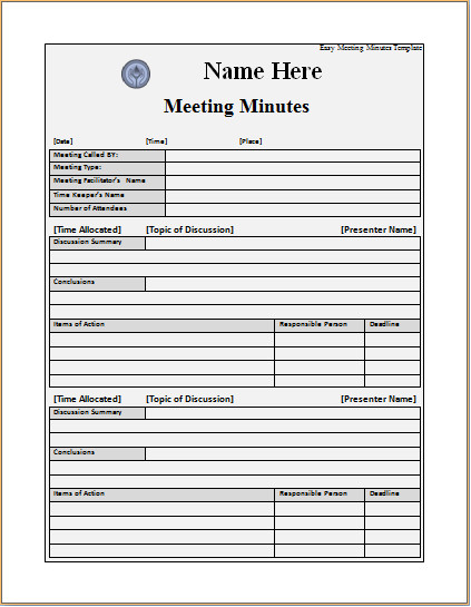 Easy Meeting Minutes Template – Excel Word Templates
