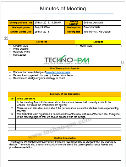 Meeting Minutes Template Excel and Word Free Download