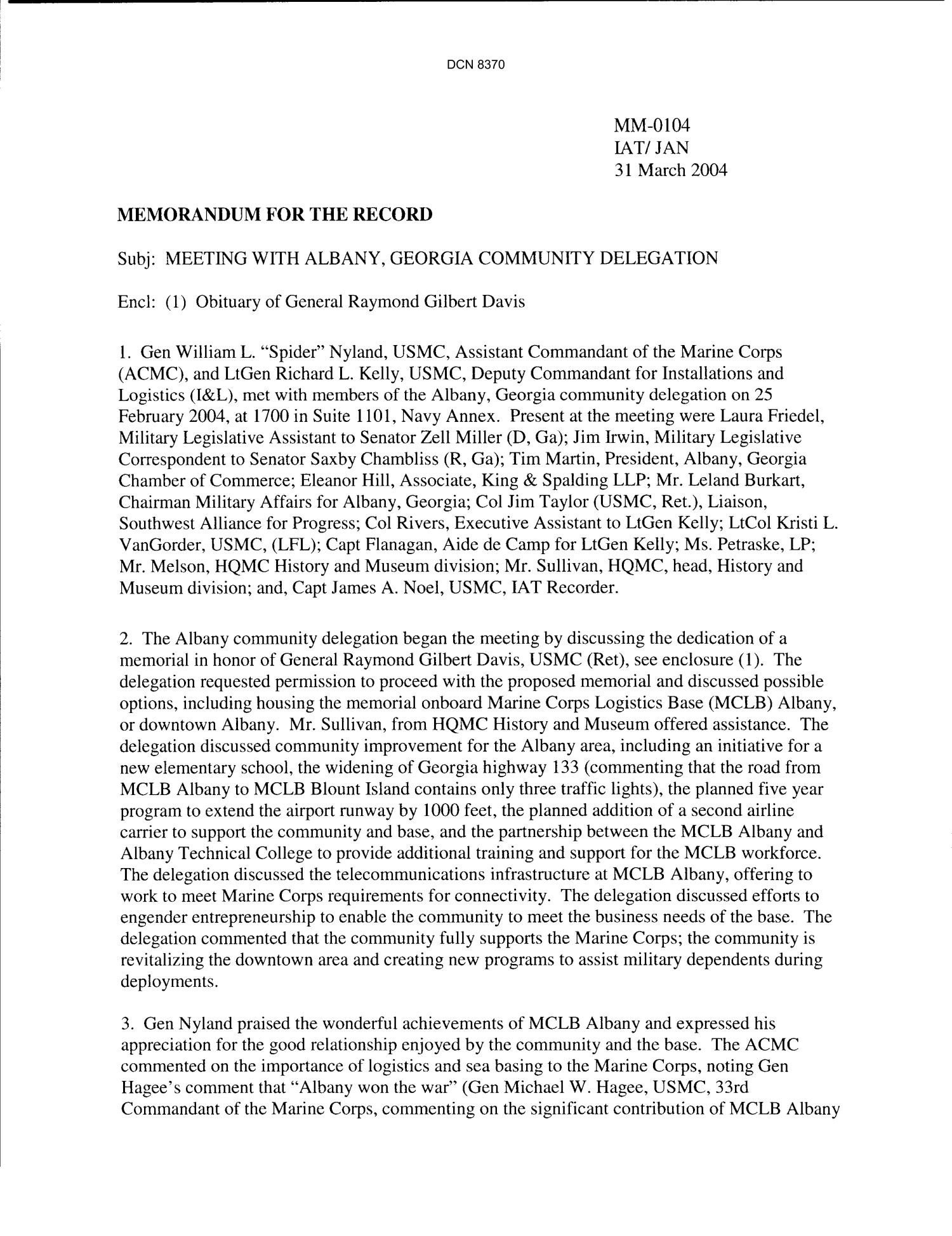 Department of the Navy Memorandum for the Record
