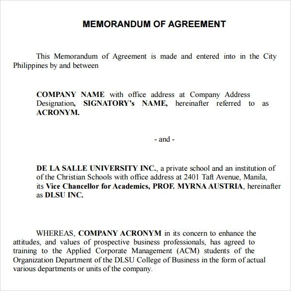 Memorandum of Agreement 9 Free PDF DOC Download