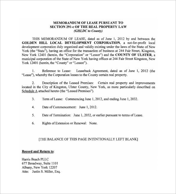 Sample Memorandum of Lease Agreement 9 Free Documents
