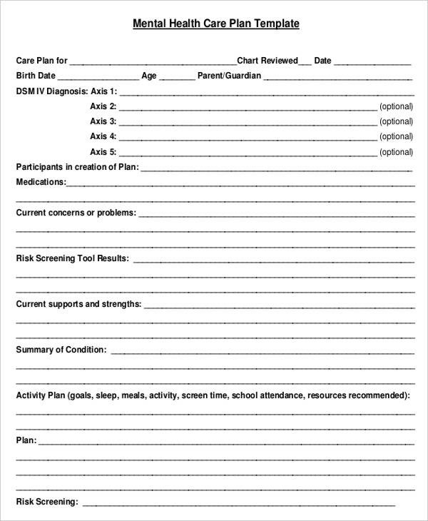 Mental Health Care Plan Template 9 Free Sample Example