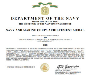 Navy And Marine Corps Achievement Medal Certificate