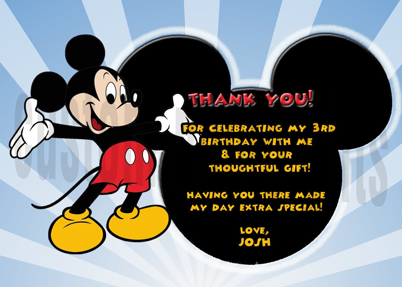 Personalized Mickey Mouse Birthday Thank You Card Digital