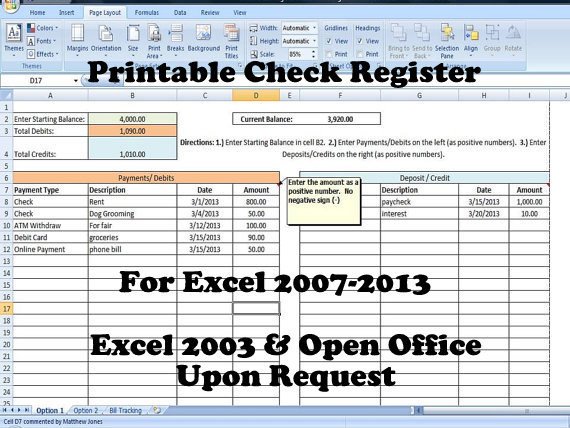 Checkbook Register Spreadsheet Check Register Template