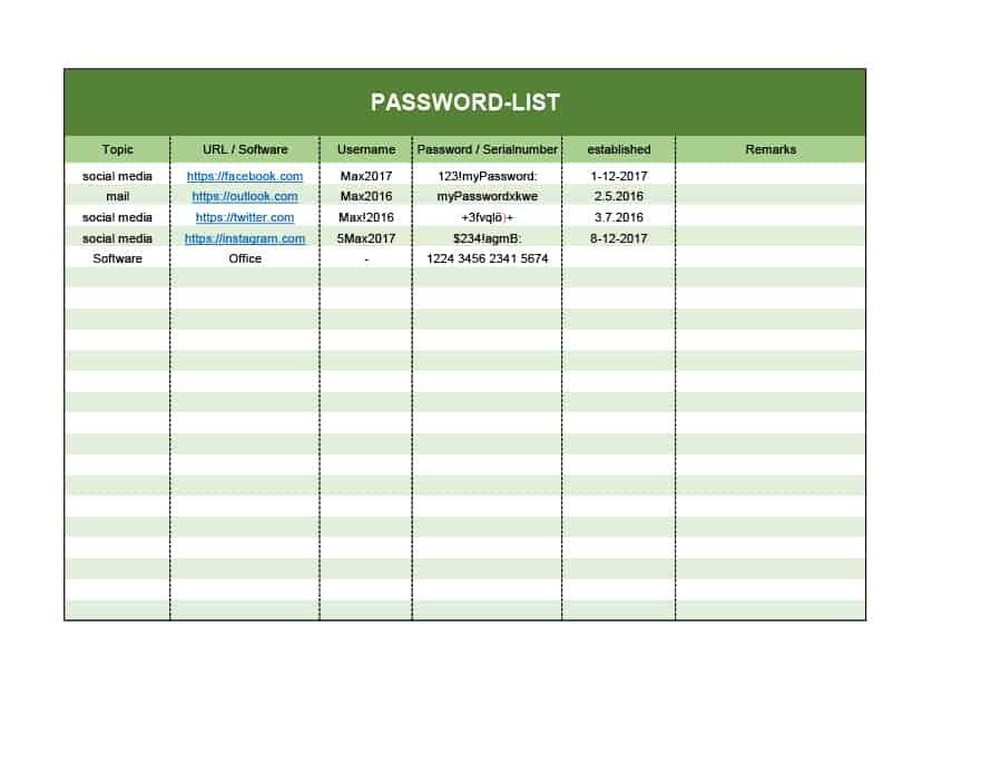 39 Best Password List Templates Word Excel & PDF