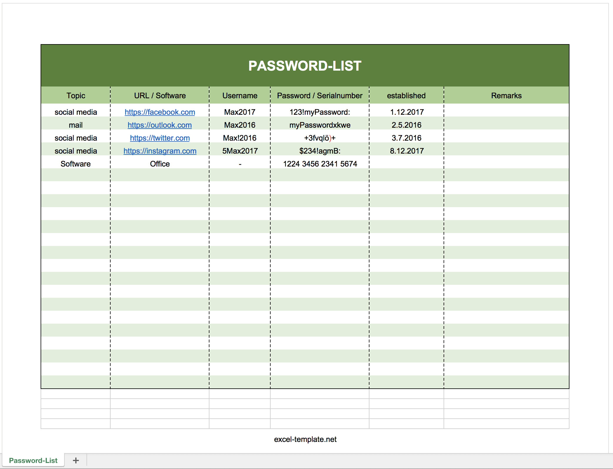 Free Password Log List as Excel template