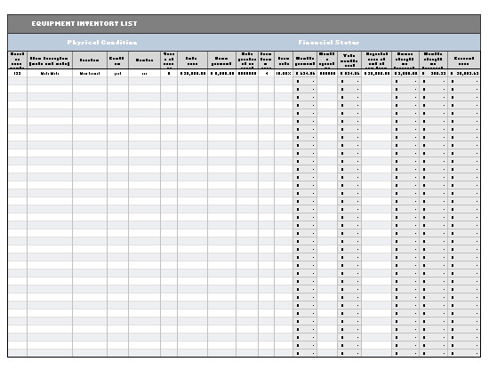 Equipment inventory list template created in MS Excel 2003