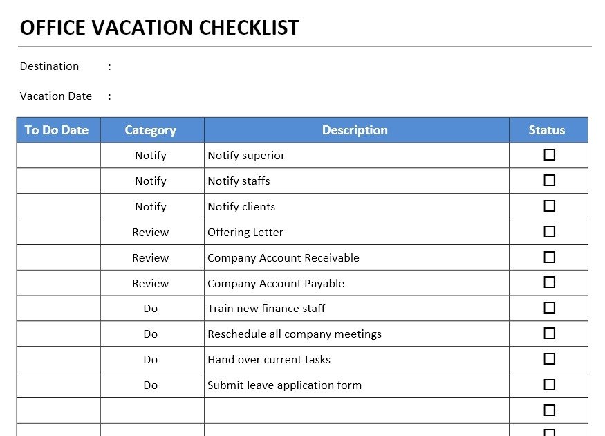 fice Vacation Checklist Template