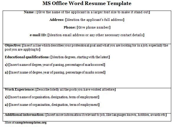 Word Template for MS fice Resume Template of MS fice